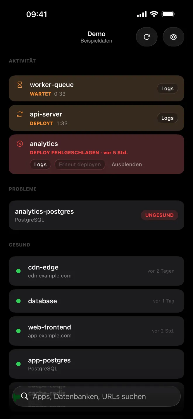 Deploir auf dem iPhone: Aktivität, Probleme und gesunde Apps eines Coolify-Servers