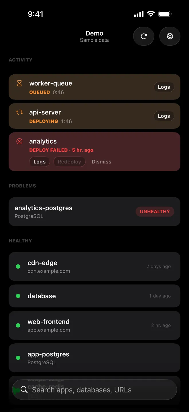 Deploir on iPhone: activity, problems and healthy apps on one Coolify server