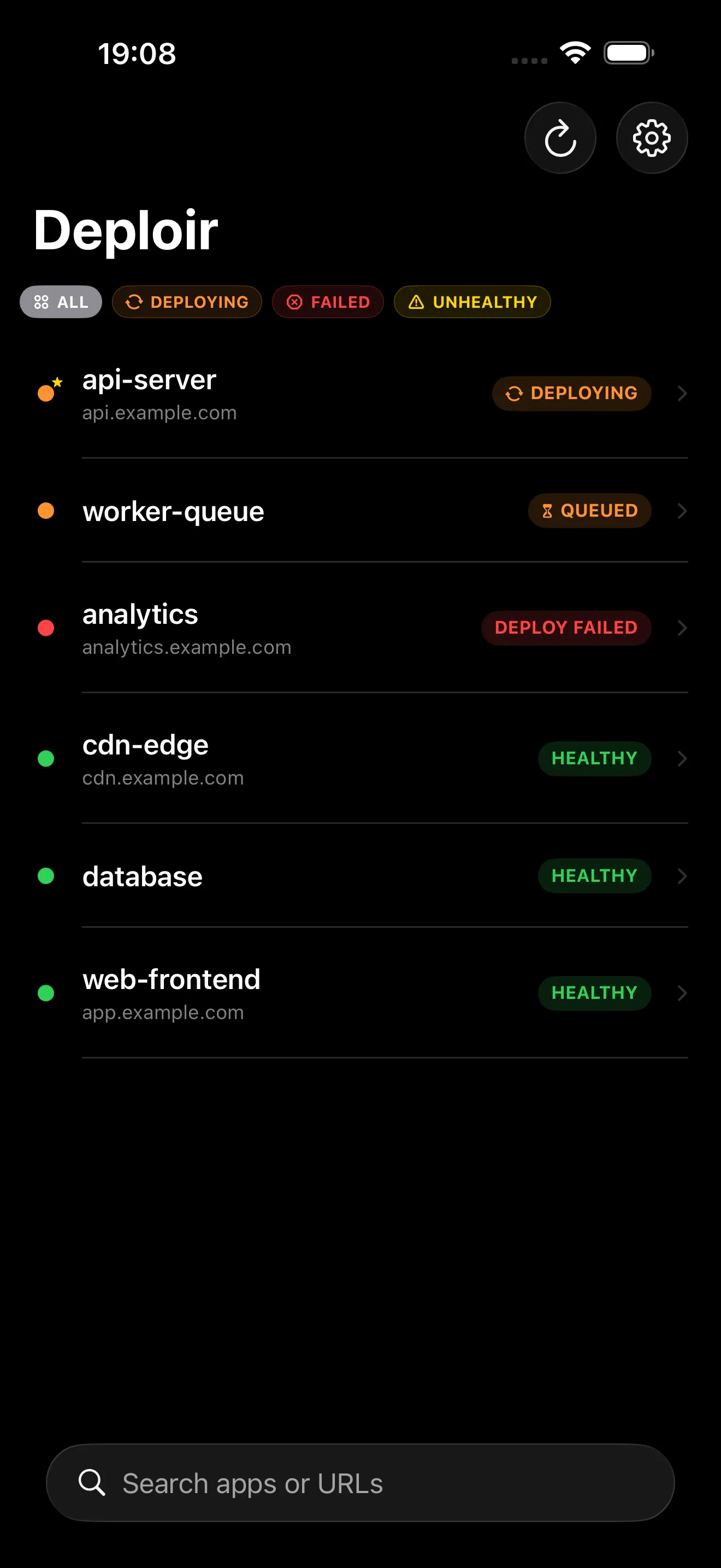 Deploir overview with healthy, deploying and failed services