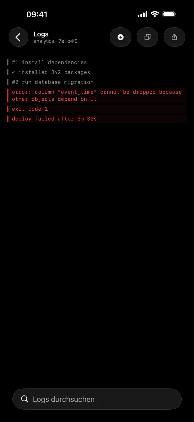 Deploir auf dem iPhone: das Log eines fehlgeschlagenen Deployments von analytics